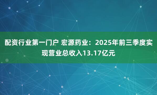 配资行业第一门户 宏源药业：2025年前三季度实现营业总收入13.17亿元